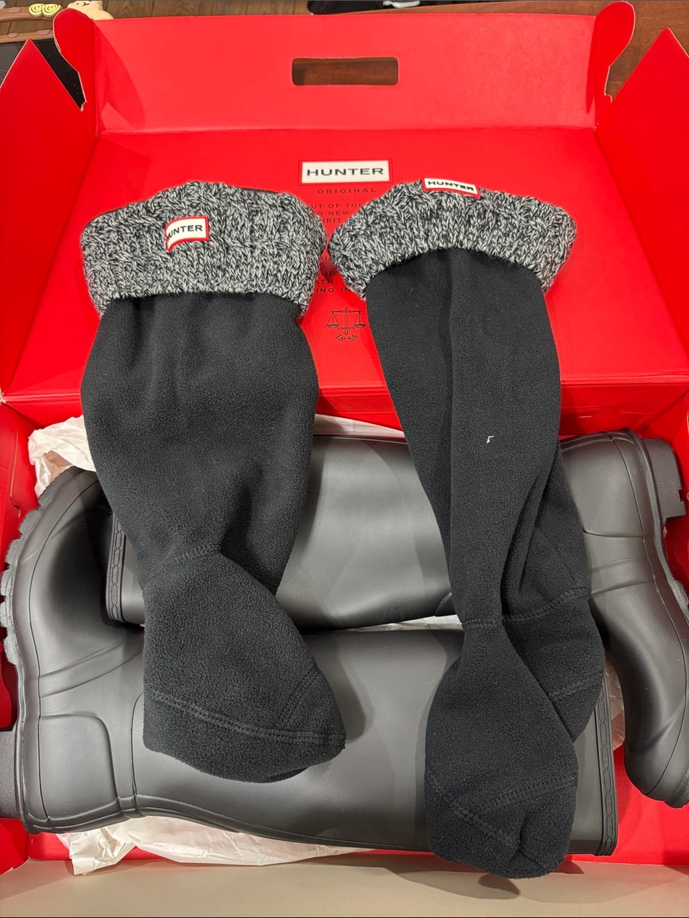 Hunter Black Tall Rain Boots with Black-and-White Knit Cuff